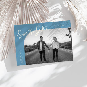 Modern Script Hart Denim Blauwe Gebogen Frame Foto Save The Date