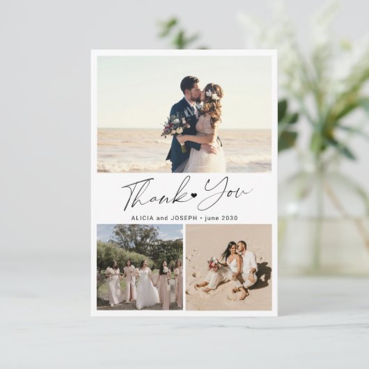 Modern script hart foto collage bruiloft bedankkaart (Staand voorkant)
