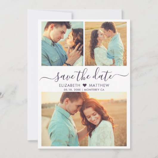 Modern Script Hart Fotocollage Paarse Bruiloft Save The Date (Voorkant)