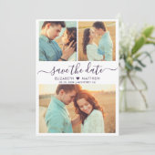 Modern Script Hart Fotocollage Paarse Bruiloft Save The Date (Staand voorkant)
