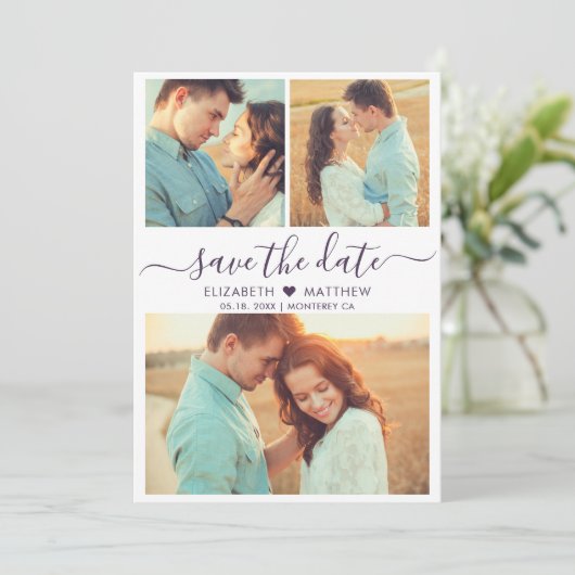 Modern Script Hart Fotocollage Paarse Bruiloft Save The Date (Staand voorkant)