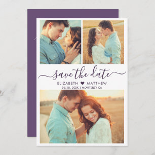 Modern Script Hart Fotocollage Paarse Bruiloft Save The Date