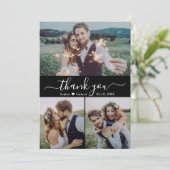 Modern Script Hart Fotocollage Zwart Bruiloft Bedankkaart (Staand voorkant)