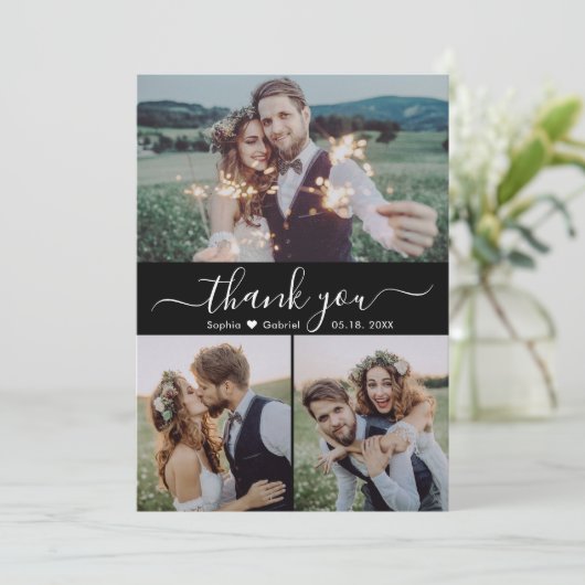 Modern Script Hart Fotocollage Zwart Bruiloft Bedankkaart (Staand voorkant)