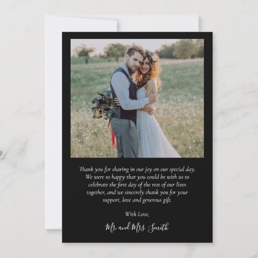 Modern Script Hart Fotocollage Zwart Bruiloft Bedankkaart (Achterkant)