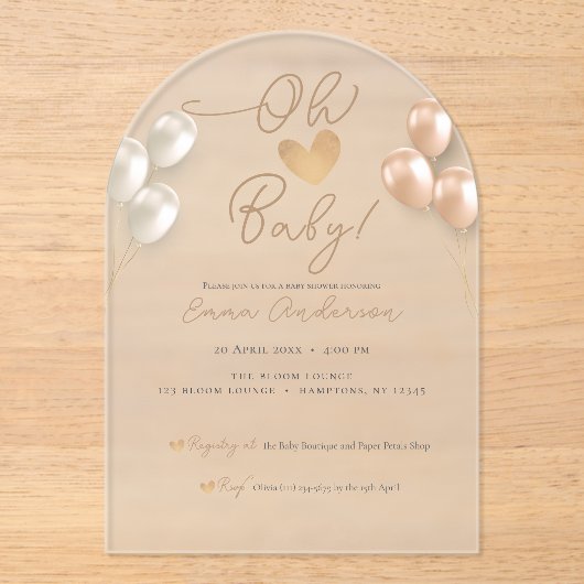 Modern Script Hartballonnen Neutraal Baby shower Acryl Uitnodigingen (Voorkant)