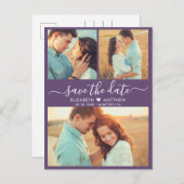 Modern Script Heart 3 Foto Paarse Save the Date Aankondigingskaart (Voorkant / Achterkant)
