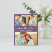 Modern Script Heart 3 Foto Paarse Save the Date Aankondigingskaart (Staand voorkant)