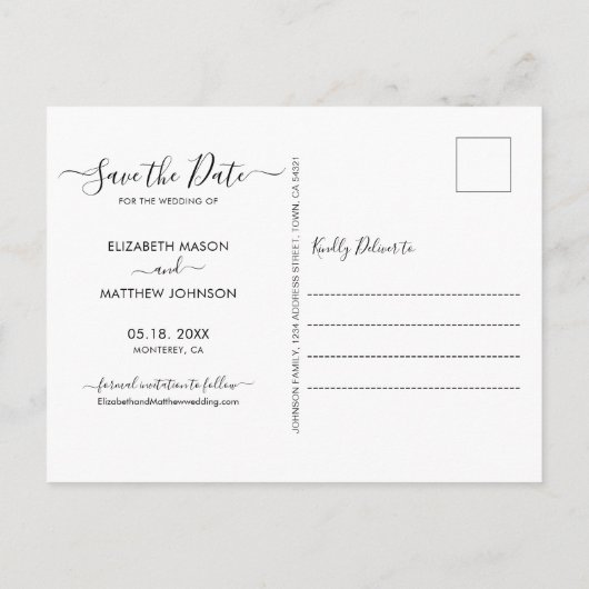 Modern Script Heart 3 Fotocollage Sla de datum op Aankondigingskaart (Achterkant)