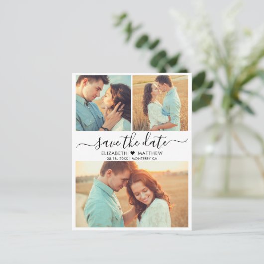 Modern Script Heart 3 Fotocollage Sla de datum op Aankondigingskaart (Staand voorkant)