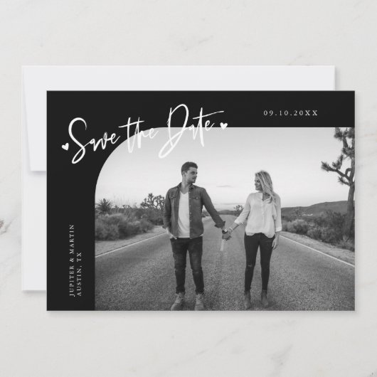 Modern Script Heart Black Curved Frame Photo Save The Date (Voorkant)