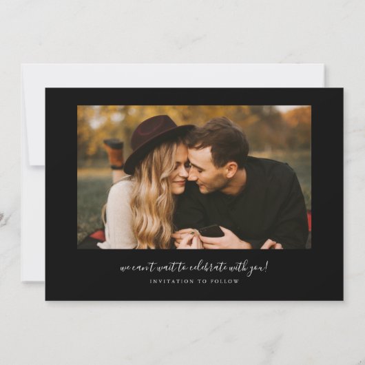 Modern Script Heart Black Curved Frame Photo Save The Date (Achterkant)