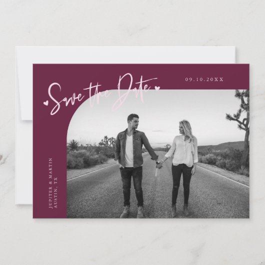 Modern Script Heart Cranberry Curved Frame Photo Save The Date (Voorkant)