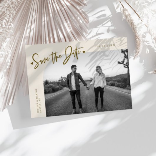 Modern Script Heart Cream Curved Frame Photo Save The Date