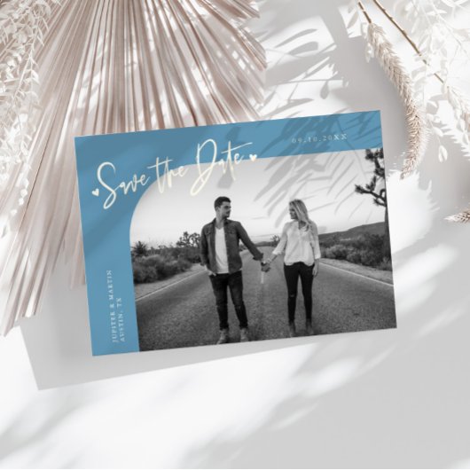 Modern Script Heart Denim Blue Curved Frame Photo Save The Date