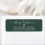 Modern Script Heart Green Christmas Return Adres Etiket<br><div class="desc">Elegante,  moderne met de hand geletterde kerstfamilie groene retour adreslabels. Met een  handgeschreven kalligrafie swash-tail lettertypescript met gezegde "Merry Christmas",  een klein liefdeshartmotief. Geweldig voor de kerstvakantie,  gemakkelijk te personaliseren met uw namen en retour adres info.</div>