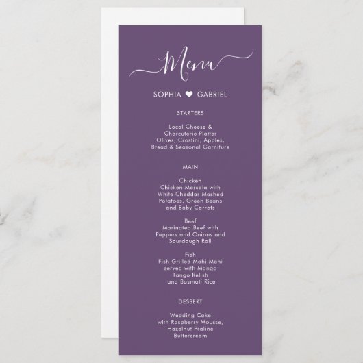 Modern Script Heart Mauve Paarse bruiloft Menu Kaa (Voorkant / Achterkant)