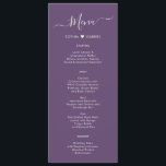 Modern Script Heart Mauve Paarse bruiloft Menu Kaa<br><div class="desc">Minimalistische Elegant Simple Typography Heart Mauve Paarse Wedding Menu Kaart is ideaal voor een moderne minimal bruiloft. Ontwerp met zwarte met de hand geletterde typografie / kalligrafie, weinig liefde hart motief tussen de naam van het paar in wit op mauve, stoffige paarse of lavendel kleur achtergrond met een eenvoudige schone...</div>