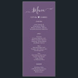 Modern Script Heart Mauve Paarse bruiloft Menu Kaa<br><div class="desc">Minimalistische Elegant Simple Typography Heart Mauve Paarse Wedding Menu Kaart is ideaal voor een moderne minimal bruiloft. Ontwerp met zwarte met de hand geletterde typografie / kalligrafie, weinig liefde hart motief tussen de naam van het paar in wit op mauve, stoffige paarse of lavendel kleur achtergrond met een eenvoudige schone...</div>