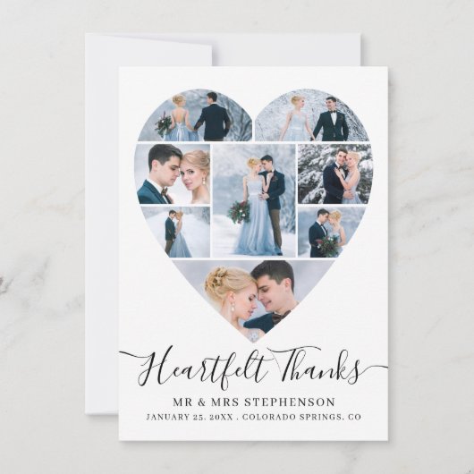 Modern Script Heart Photo Collage Wedding Bedankkaart (Voorkant)