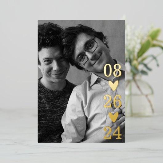 Modern Script Heart Photo Save the Date Folie Uitnodiging (Staand Voorkant)