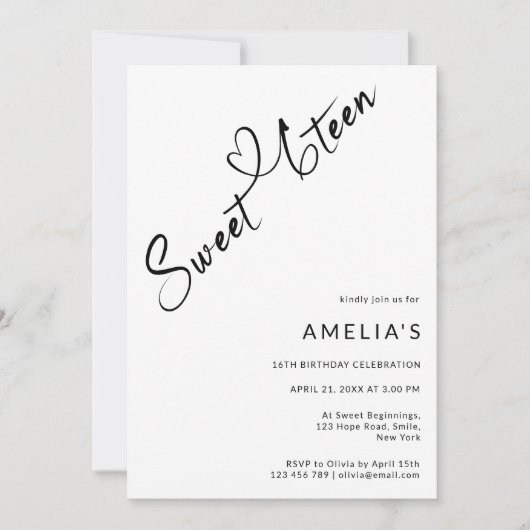 Modern Script Heart Sweet Sixteen 16e verjaardag Kaart (Voorkant)