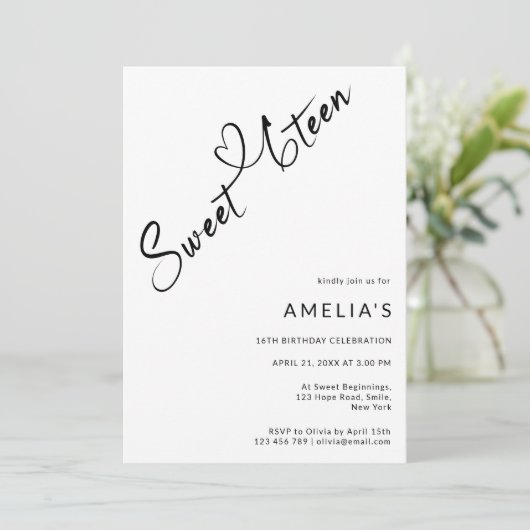 Modern Script Heart Sweet Sixteen 16e verjaardag Kaart (Staand voorkant)