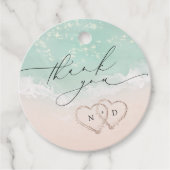Modern Script Hearts in het zand Beach Wedding Bedankjes Labels (Voorkant)