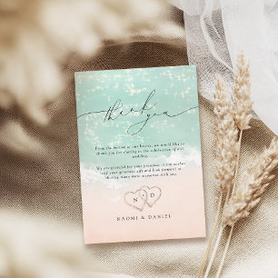 Modern Script Hearts In The Sand Beach Wedding Bedankkaart