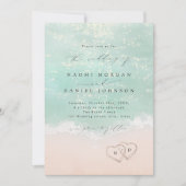Modern Script Hearts In The Sand Beach Wedding Kaart (Voorkant)