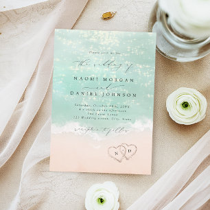 Modern Script Hearts In The Sand Beach Wedding Kaart