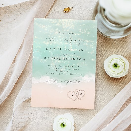 Modern Script Hearts In The Sand Beach Wedding Kaart