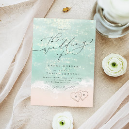 Modern Script Hearts In The Sand Beach Wedding Kaart