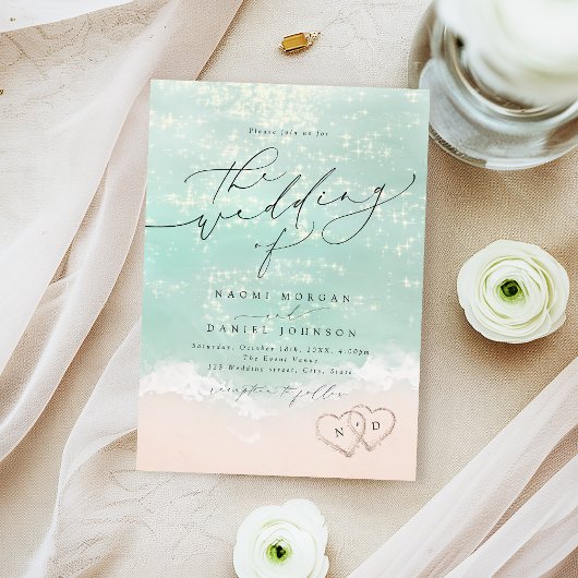 Modern Script Hearts In The Sand Beach Wedding Kaart