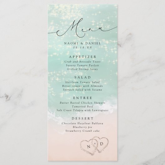 Modern Script Hearts In The Sand Beach Wedding Menu (Voorkant)
