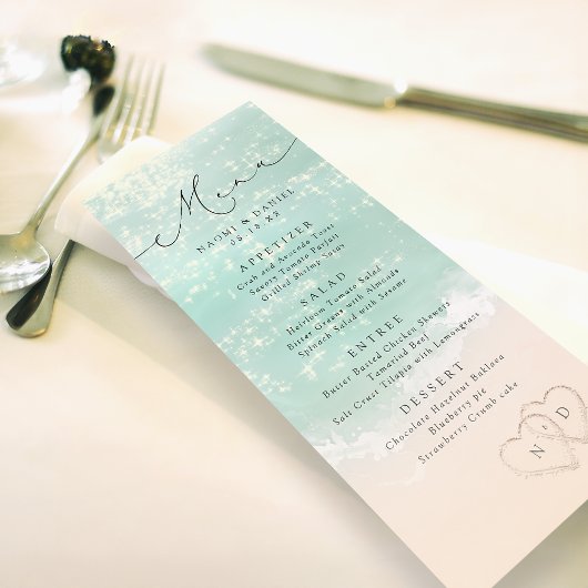 Modern Script Hearts In The Sand Beach Wedding Menu