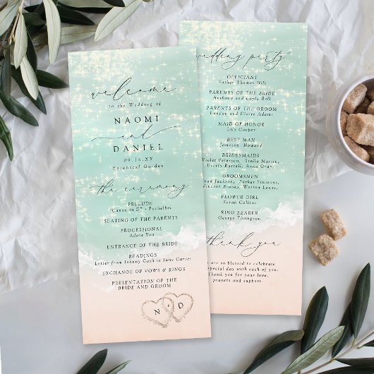 Modern Script Hearts In The Sand Beach Wedding Programmakaart