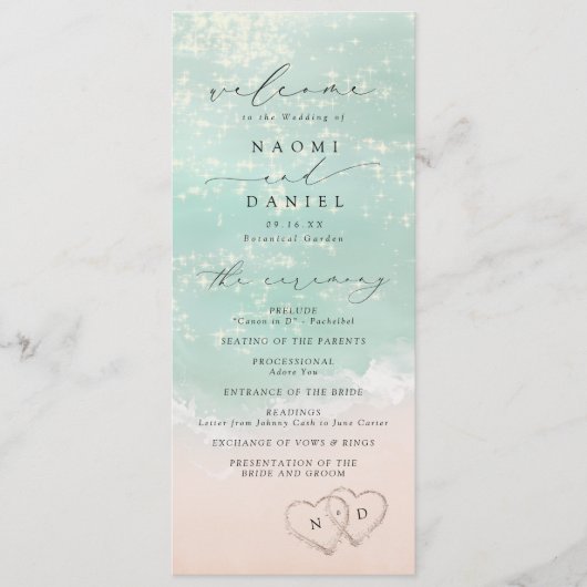 Modern Script Hearts In The Sand Beach Wedding Programmakaart (Voorkant)