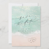 Modern Script Hearts In The Sand Beach Wedding Save The Date (Voorkant)