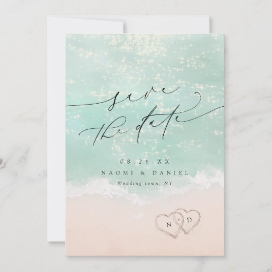 Modern Script Hearts In The Sand Beach Wedding Save The Date (Voorkant)