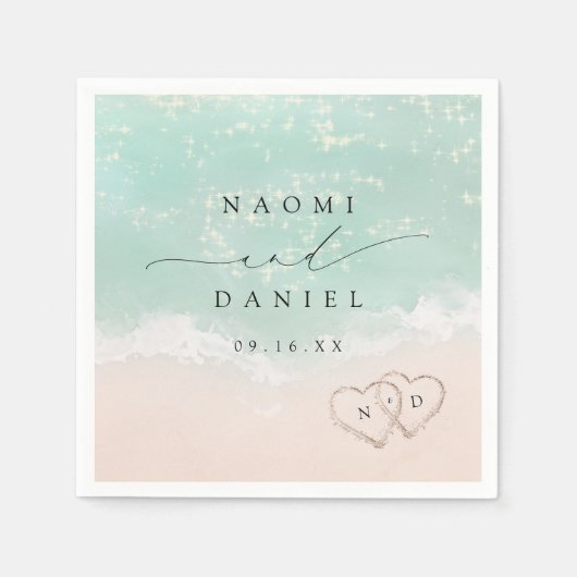 Modern Script Hearts In The Sand Beach Wedding Servet (Voorkant)