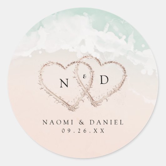 Modern Script Hearts Monogram Beach Wedding Favors Ronde Sticker (Voorkant)