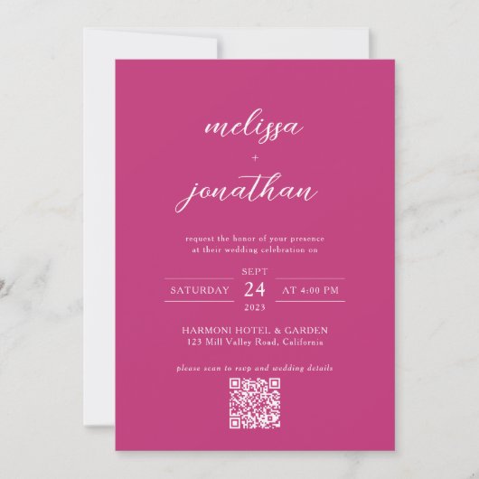 Modern Script Helder Roze Monogram QR-code Bruilof Kaart (Voorkant)