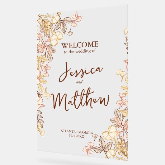 Modern Script Herfst gebladerte bruiloft acryl tek Bord (Hoek)