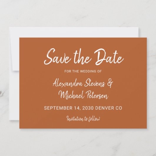 Modern script herfst terracotta bruiloft save the date (Voorkant)
