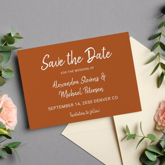 Modern script herfst terracotta bruiloft save the date