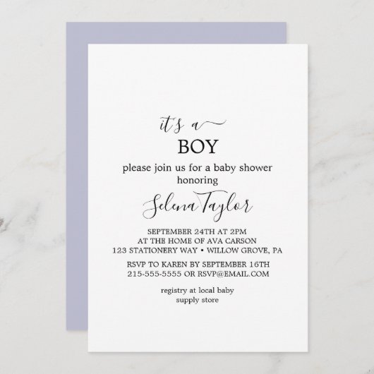 Modern script | Het is een jongensuitnodiging voor Kaart (Voorkant / Achterkant)