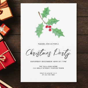 Modern Script Holly Christmas Party Kaart
