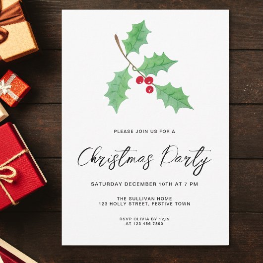 Modern Script Holly Christmas Party Kaart