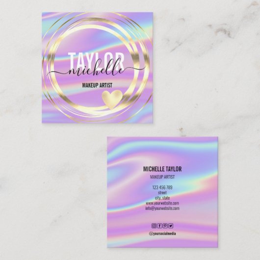 modern script holographic glitter square business vierkante visitekaartje (Voorkant / Achterkant)